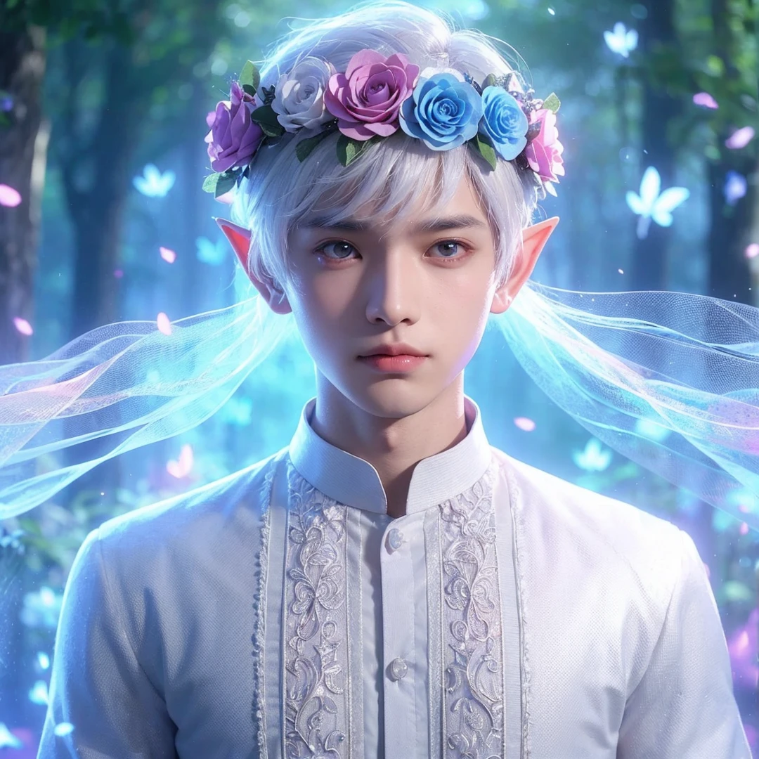 Handsome boy, white hair, white eyes, wearing pink and light blue flower crown, wearing white barong tagalog, elf ear, "surrounded by light blue, pink, and purple light, magic forest background