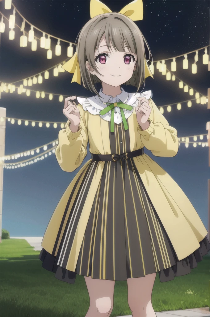 (Highest quality, masterpiece:1.2), (Beautiful and vivid background:1.1), figure, colorful, One girl, alone, (whole body:1.4), (View your viewers:1.2), Glowing Eyes, (Highly detailed CG Unity 8k wallpaper:1.1), (Depth of written boundary:0.75), (watercolor:0.65), (Light on the face:1.2),
nakasu kasumi, Mbe Dress, short hair, Hair Ribbon, Striped, Yellow Dress, Green ribbon, vertical stripes, Long sleeve, Striped dress, Brown Hair, bangs, Grey Hair, vertical-Striped dress, Huge bow, Puffy sleeves, Red eyes, Sleeves are longer than the wrist, smile, Happy, Small breasts, cute, Open your mouth,
mirror, heart_sign, star \(symbol\),