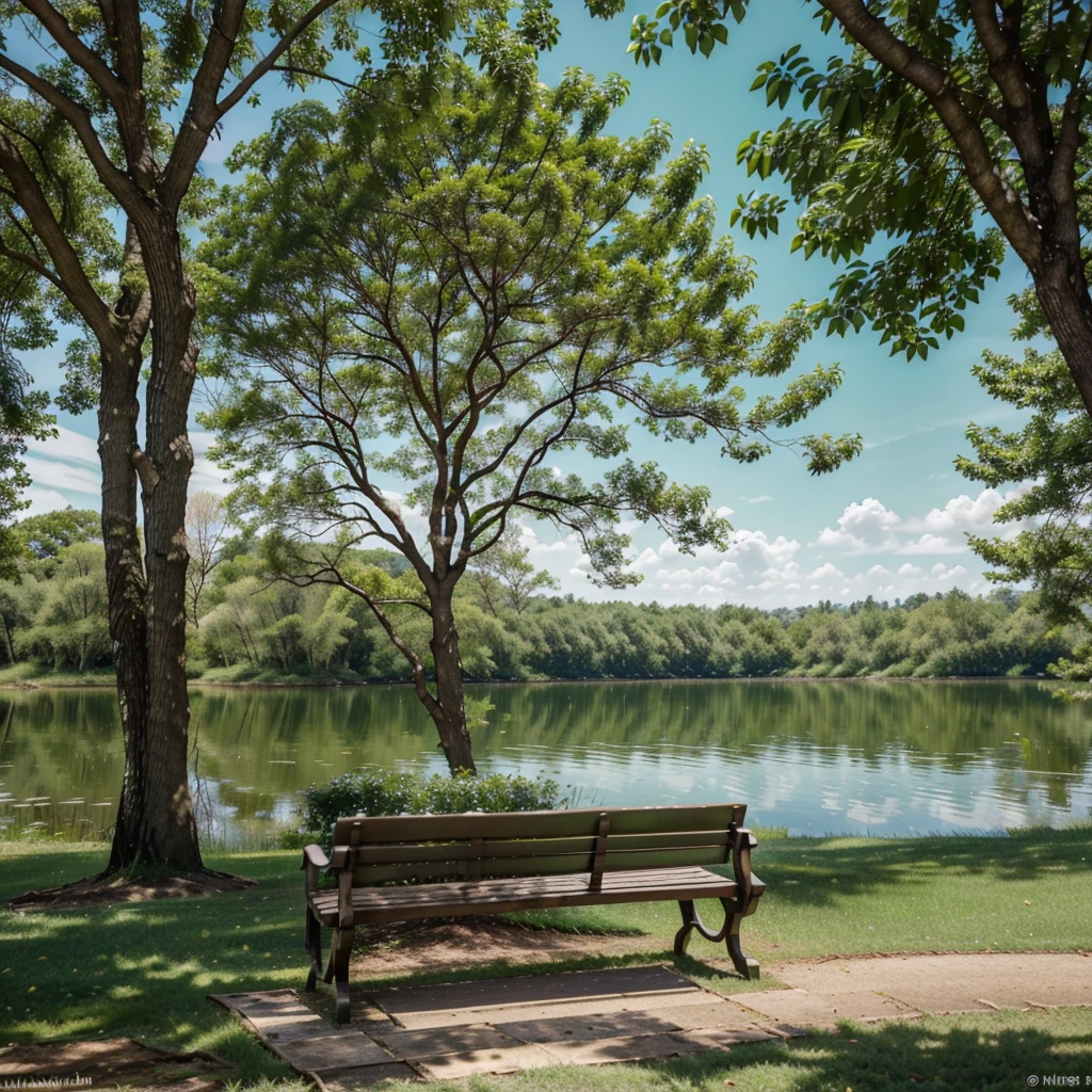 There is a willow tree on the lef branches and leaves hang down,Formed a green shade。
There is a wooden bench in the center left.,Bench facing the lake,Seems to be waiting for someone to come。
There are two trees on the right.,Their crowns are intertwined,It adds a sense of tranquility to the whole scene.。
The background is a green lake,There are slight ripples on the lake,Reflects the surrounding scenery。
The ground is covered with green grass,The colors formed by the lake and trees。Green tint。