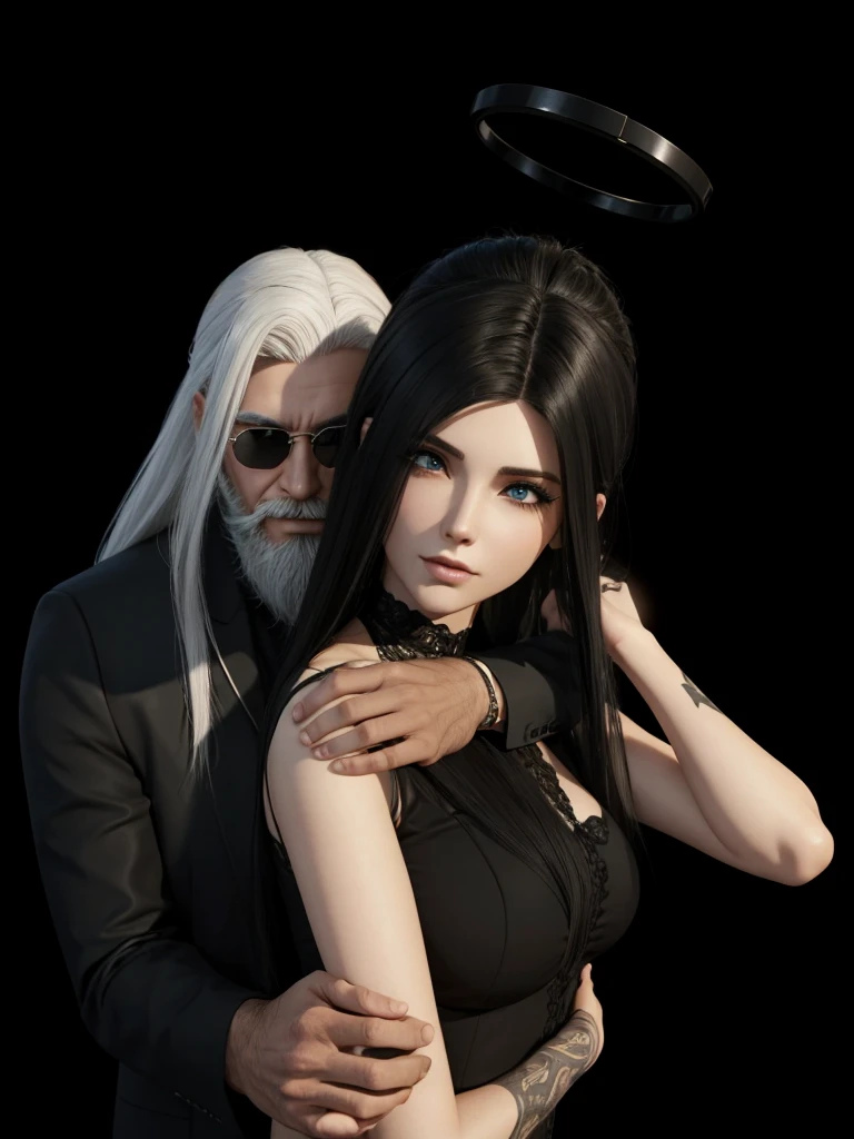 A dark-skinned man with long white hair, with a beard and a beautiful girl