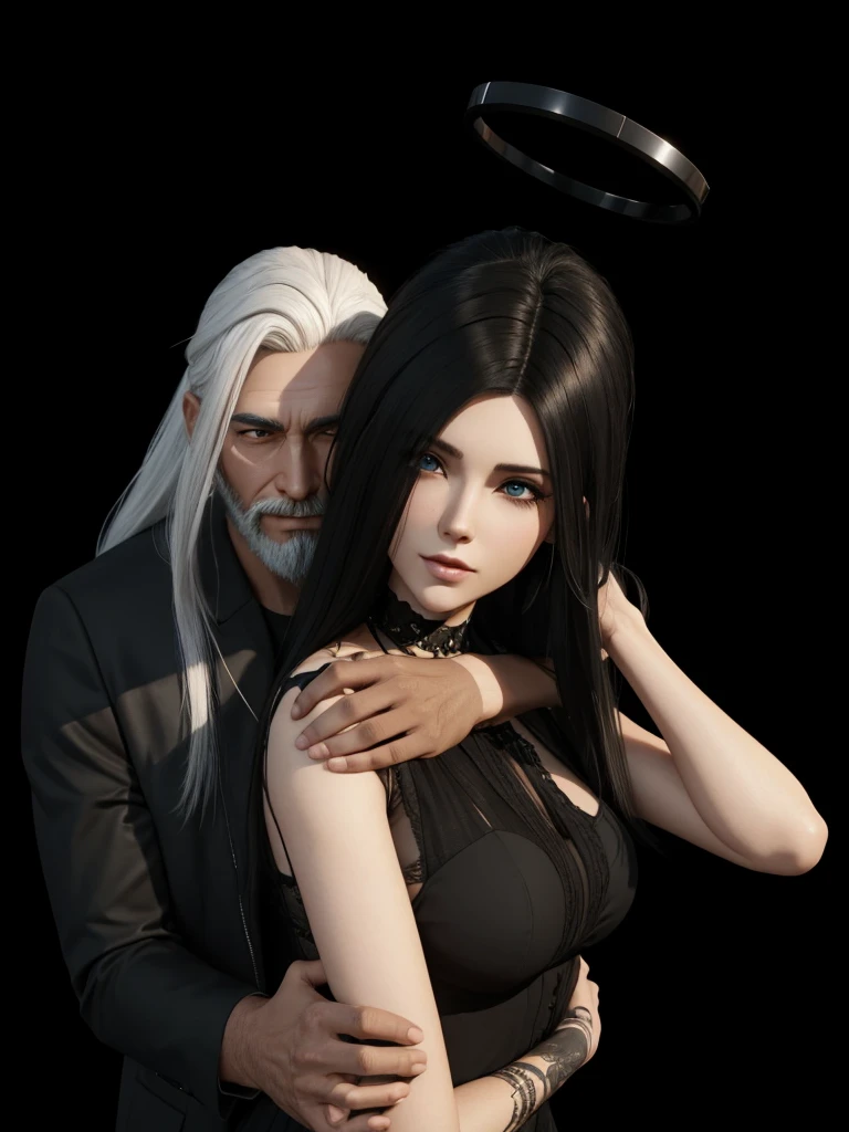 there is a 3D image of a man and a woman hugging, bearded man with white hair, second life avatar, couple pose, the woman with black hair