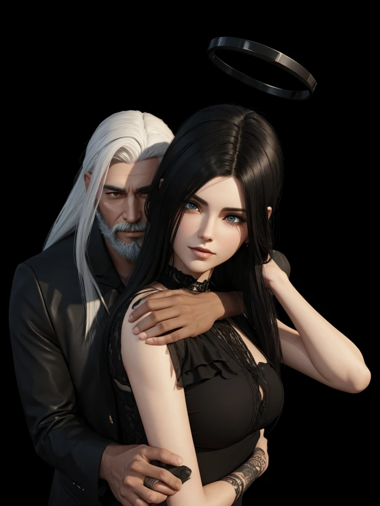 there is a 3D image of a man and a woman hugging, bearded man with white hair, second life avatar, couple pose, the woman with black hair