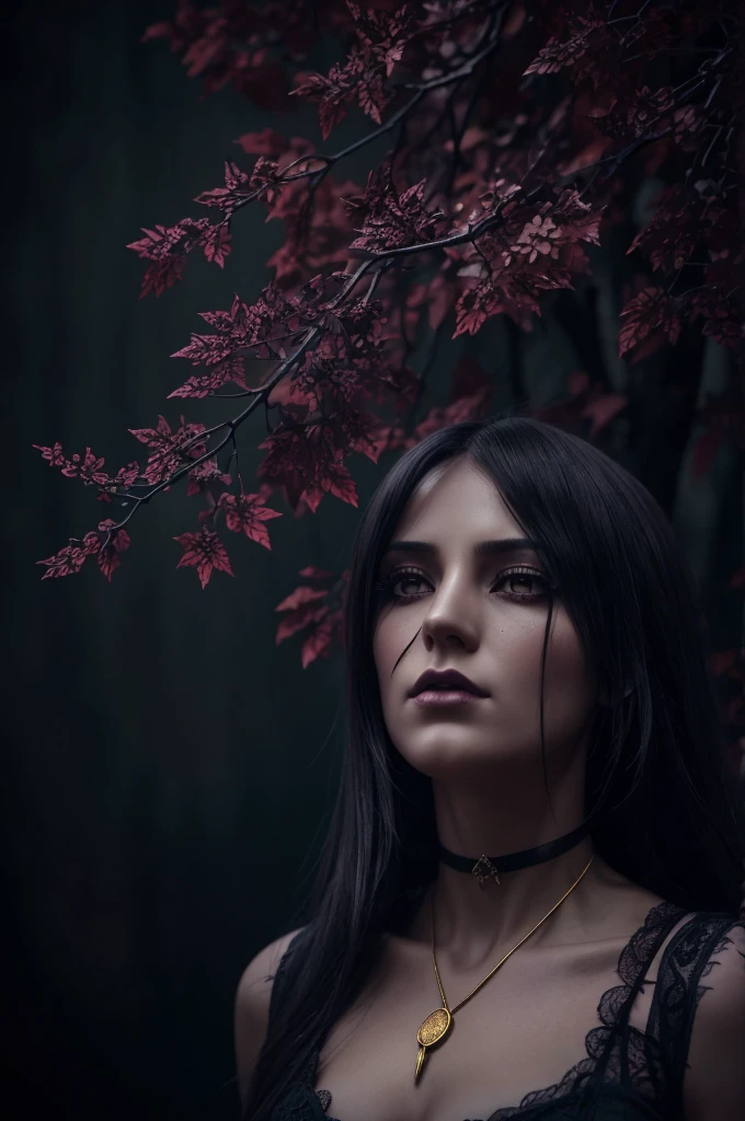 A demonic doll, dead trees, mauve and gold flowers, gloomy atmosphere, electric moon, (best quality,4k,8k,highres,masterpiece:1.2),ultra-detailed,(realistic,photorealistic,photo-realistic:1.37),HDR,UHD,studio lighting,ultra-fine painting,sharp focus,physically-based rendering,extreme detail description,professional,vivid colors,bokeh,horror,dark fantasy,dramatic lighting,moody colors,occult,surreal