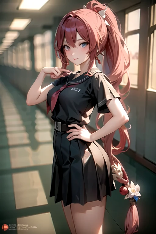 ((best quality)), ((Masterpiece)), (details:1.4), 3d, delicate big eyes,The clothes are tight.,detailsของรูม่านตาสีดำขนาดใหญ่,high school girl , red hair, long hair, Shiny skin, fine hair, ใบหน้าที่มีdetails, (beautiful scenery), school hallway, at night, Yandere