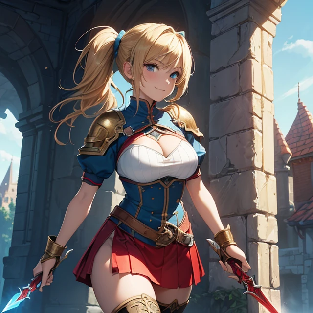 (absurdres, best high quality image, very detailed character and image, carefully detailed textures and pixels, carefully detailed character and image, very detailes features and textures, full character view, warcraft-aesthetic)
{{1character: 20 years old norse rogue girl}, (Medium blonde golden hair tied in two high pigtails, fair skin, beauty, beautiful face, beautiful features, big breasts, voluptous body, beautiful legs), (red-light blue-rogue armor, Red light-armor with short sleeves, light-blue short skirt, light-blue boots (two curved daggers)), (sweet cheeeful smile, brave demeanorl), (standing in combat pose at an open medieval tower)}}