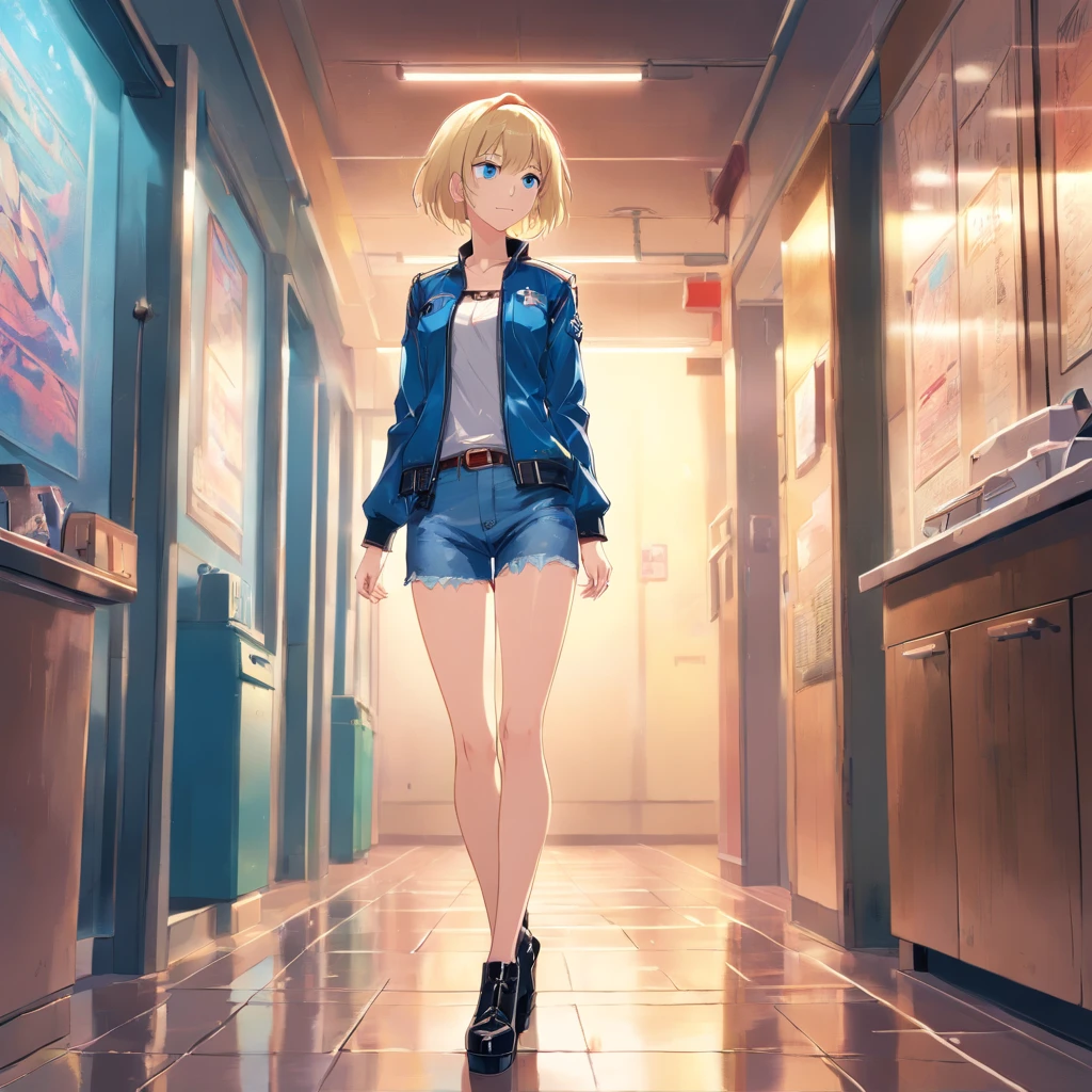 Women, ((Blonde)), ((Blue eyes)), ((Short hair)), ((Full shot)), very detailed makeup, pale pink lipstick, long earrings, wears leather jacket with lace bra and jean shorts with leather belt with big buckle and fishnet stockings and black high heels with Louboutin style heels ((wearing high heels)) ((Full Body)) ((wet floor))