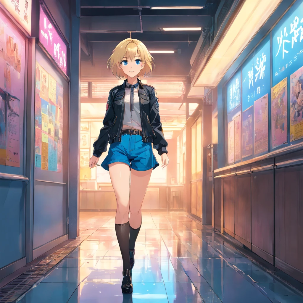 Women, ((Blonde)), ((Blue eyes)), ((Short hair)), ((Full shot)), very detailed makeup, pale pink lipstick, long earrings, wears leather jacket with lace bra and jean shorts with leather belt with big buckle and fishnet stockings and black high heels with Louboutin style heels ((wearing high heels)) ((Full Body)) ((wet floor))