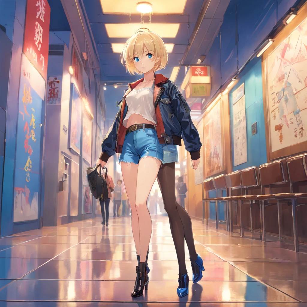 17 years old Women, ((Blonde)), ((Blue eyes)), ((Short hair)), ((Full shot)), very detailed makeup, pale pink lipstick, long earrings, wears leather jacket with lace bra and jean shorts with leather belt with big buckle and fishnet stockings and black high heels with Louboutin style heels ((wearing high heels)) ((Full Body)) ((wet floor))