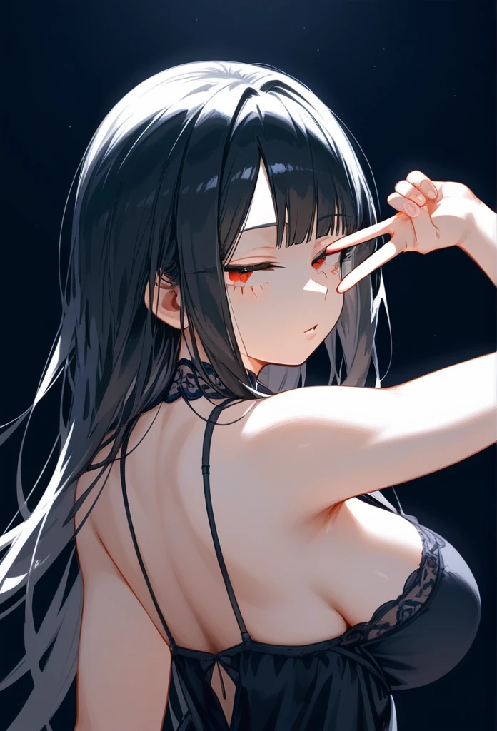 masterpiece, Score_9, Score_8_up, Score_7_up, rear view, 1 woman, alone, black hair, long Smooth hair, split bangs, red eyes, half-closed eyes, parted lips, expressionless, pale skin, large breasts, upper body, Black nightdress with V-neckline, black background, best quality, long and split bangs, boku no Hero academia, split bangs, 