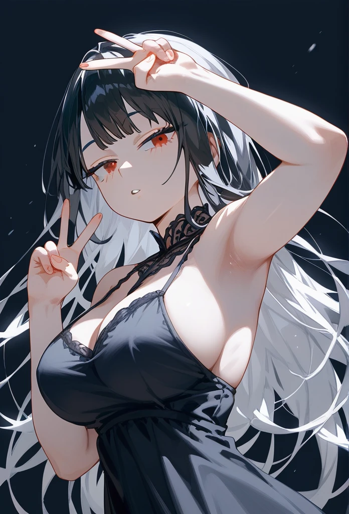 masterpiece, Score_9, Score_8_up, Score_7_up, rear view, 1 woman, alone, black hair, long Smooth hair, split bangs, red eyes, half-closed eyes, parted lips, expressionless, pale skin, large breasts, upper body, Black nightdress with V-neckline, black background, best quality, long and split bangs, boku no Hero academia, split bangs,