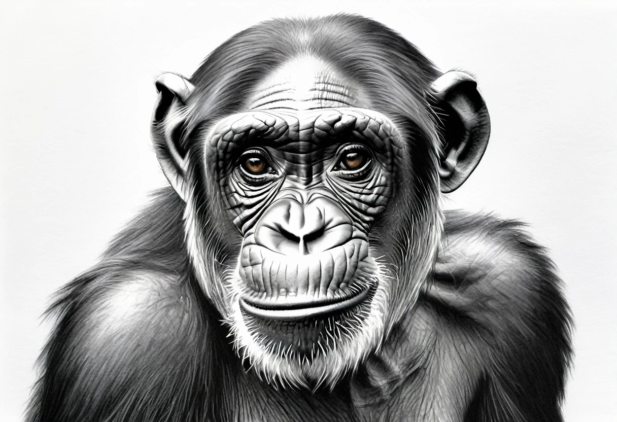 Graphite pencil drawing of Chimpanzee, full body, white background