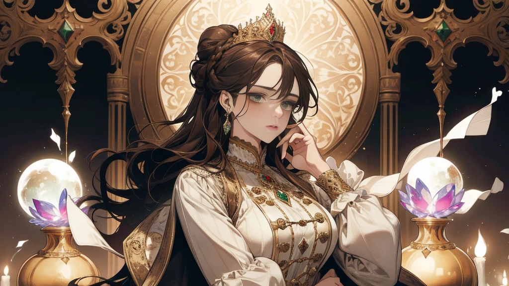 fantasy, 19th century, one, empress, looks at the viewer, woman, gentle face, dark hair, collected in a bun, green eyes, in a white royal outfit, national closed European clothing, fully enclosed clothing, Gold patterns on fabric, Crystal jewelry, Gothic white stone castle in the background, world, is, A high resolution, calm arrogant face, arrogance