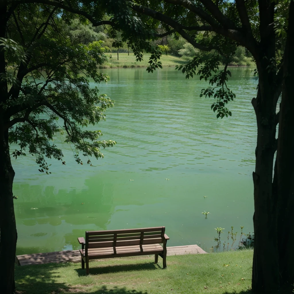 There is a willow tree on the lef branches and leaves hang down,Formed a green shade。
There is a wooden bench in the center left.,Bench facing the lake,Seems to be waiting for someone to come。
There are two trees on the right.,Their crowns are intertwined,It adds a sense of tranquility to the whole scene.。
The background is a green lake,There are slight ripples on the lake,Reflects the surrounding scenery。
The ground is covered with green grass,The colors formed by the lake and trees。
