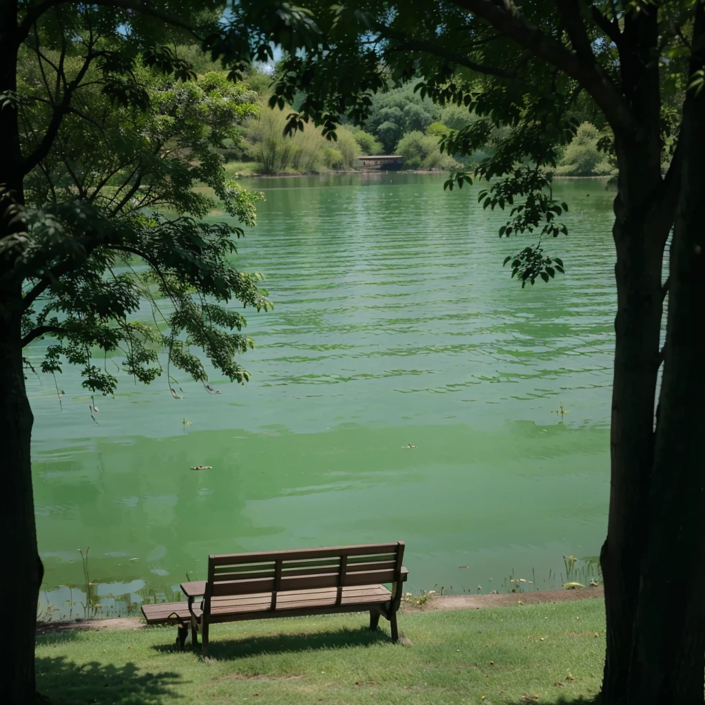 There is a willow tree on the lef branches and leaves hang down，Formed a green shade。
There is a wooden bench in the center left.，Bench facing the lake，Seems to be waiting for someone to come。
There are two trees on the right.，Their crowns are intertwined，It adds a sense of tranquility to the whole scene.。
The background is a green lake，There are slight ripples on the lake，Reflects the surrounding scenery。
The ground is covered with green grass，The colors formed by the lake and trees。