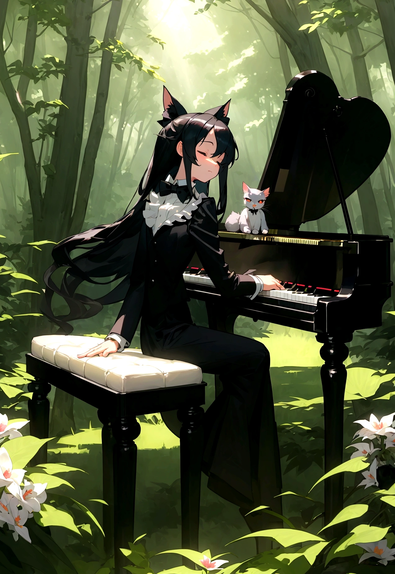 master piece, ultra detailed, hyper realistic, Fluffy and cute Cait Sith, Sit in a chair and play the piano, miniature tuxedo, tiny top hat and bow tie, enchanted forest, Close your eyes while listening to calm music, flower field, a forest with sunlight filtering through the trees, creating a spotlight like effect of dappled light, 