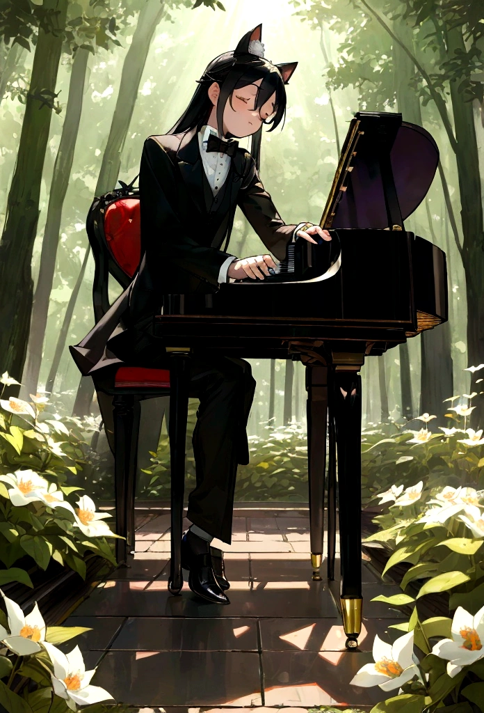 master piece, ultra detailed, hyper realistic, Fluffy and cute Cait Sith, Sit in a chair and play the piano, miniature tuxedo, tiny top hat and bow tie, enchanted forest, Close your eyes while listening to calm music, flower field, a forest with sunlight filtering through the trees, creating a spotlight like effect of dappled light,