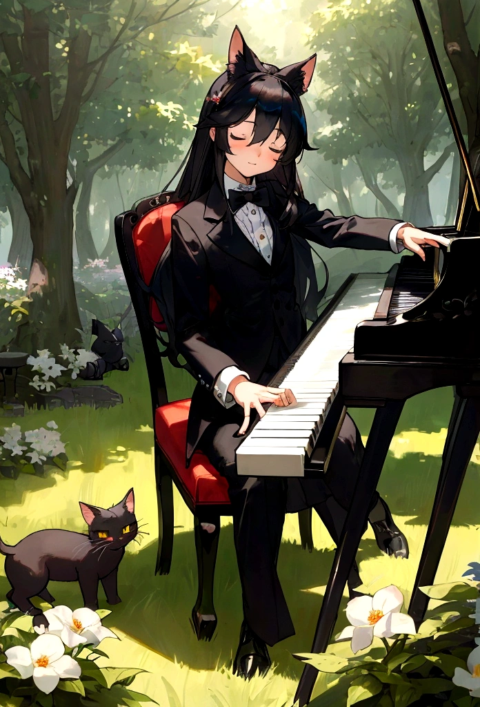 master piece, ultra detailed, hyper realistic, Fluffy and cute Cait Sith, Sit in a chair and play the piano, miniature tuxedo, tiny top hat and bow tie, enchanted forest, Close your eyes while listening to calm music, flower field, a forest with sunlight filtering through the trees, creating a spotlight like effect of dappled light,