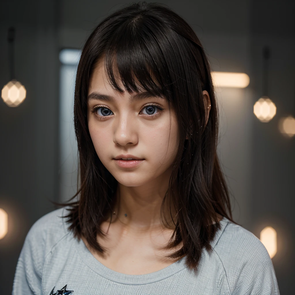 A half Japanese-European girl with a calm beautiful face, no smile, big dark eyes, a high-bridged nose, short hair, plain white background