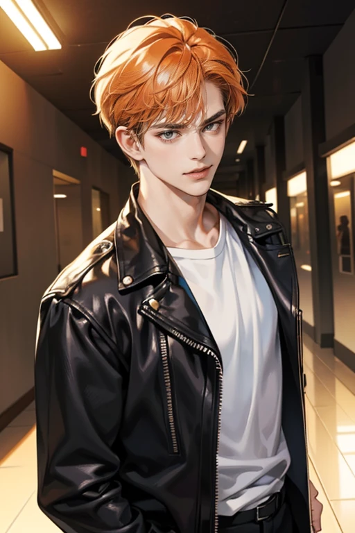 (tmasterpiece, high resolution, ultra - detailed:1.0), (1 boy, Young male, masculine face), Perfect male body, Adult male, Delicate eyes and delicate face, Extremely detailed CG, Unity 8k wallpaper, Complicated details, Detailed face, (short orange hair, messy hair, serious faces, white T-shirt,Bad students), (frown, smile in love:1.3), hand in pocket, school corridor,black leather jacket, color difference, Depth of field, dramatic shadow, Ray tracing, Best quality, Cinematic lighting, offcial art,Portrait