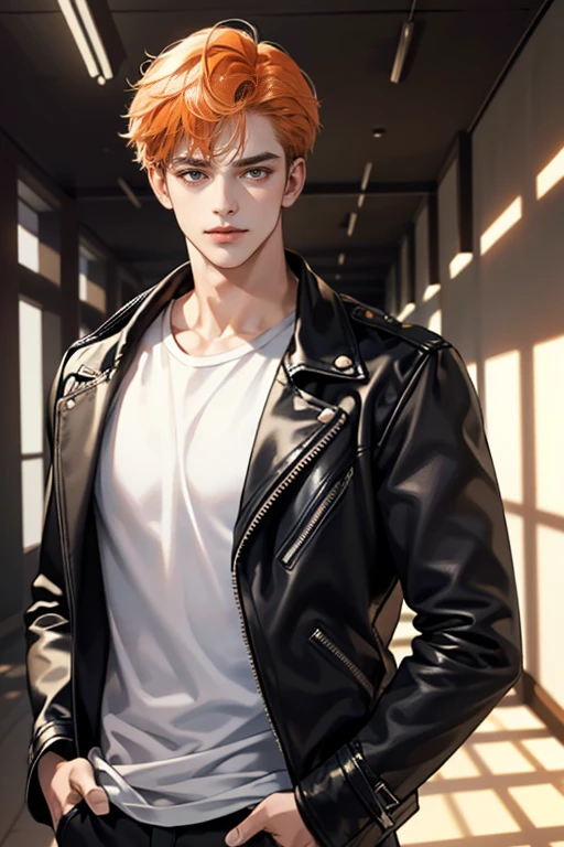 (tmasterpiece, high resolution, ultra - detailed:1.0), (1 boy, Young male, masculine face), Perfect male body, Adult male, Delicate eyes and delicate face, Extremely detailed CG, Unity 8k wallpaper, Complicated details, Detailed face, (short orange hair, messy hair, serious faces, white T-shirt,Bad students), (frown, smile in love:1.3), hand in pocket, school corridor,black leather jacket, color difference, Depth of field, dramatic shadow, Ray tracing, Best quality, Cinematic lighting, offcial art,Portrait