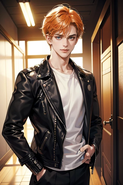 (tmasterpiece, high resolution, ultra - detailed:1.0), (1 boy, Young male, masculine face), Perfect male body, Adult male, Delicate eyes and delicate face, Extremely detailed CG, Unity 8k wallpaper, Complicated details, Detailed face, (short orange hair, messy hair, serious faces, white T-shirt,Bad students), (frown, smile in love:1.3), hand in pocket, school corridor,black leather jacket, color difference, Depth of field, dramatic shadow, Ray tracing, Best quality, Cinematic lighting, offcial art,Portrait