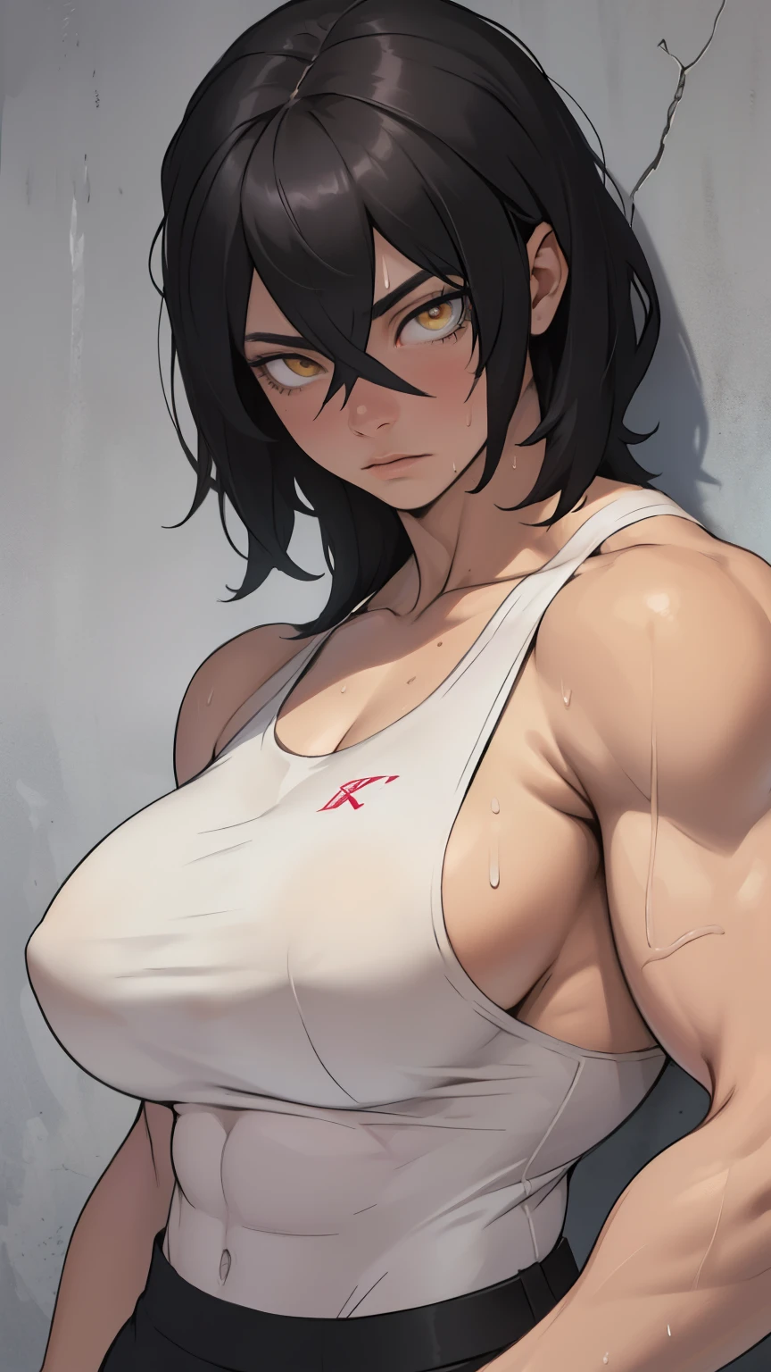 sad (((muscular girl large breasts thick))) pale skin black hair yellow eyes sweaty drop shadow waistup highly detailed detailed eyes detailed eyes detailed eyes