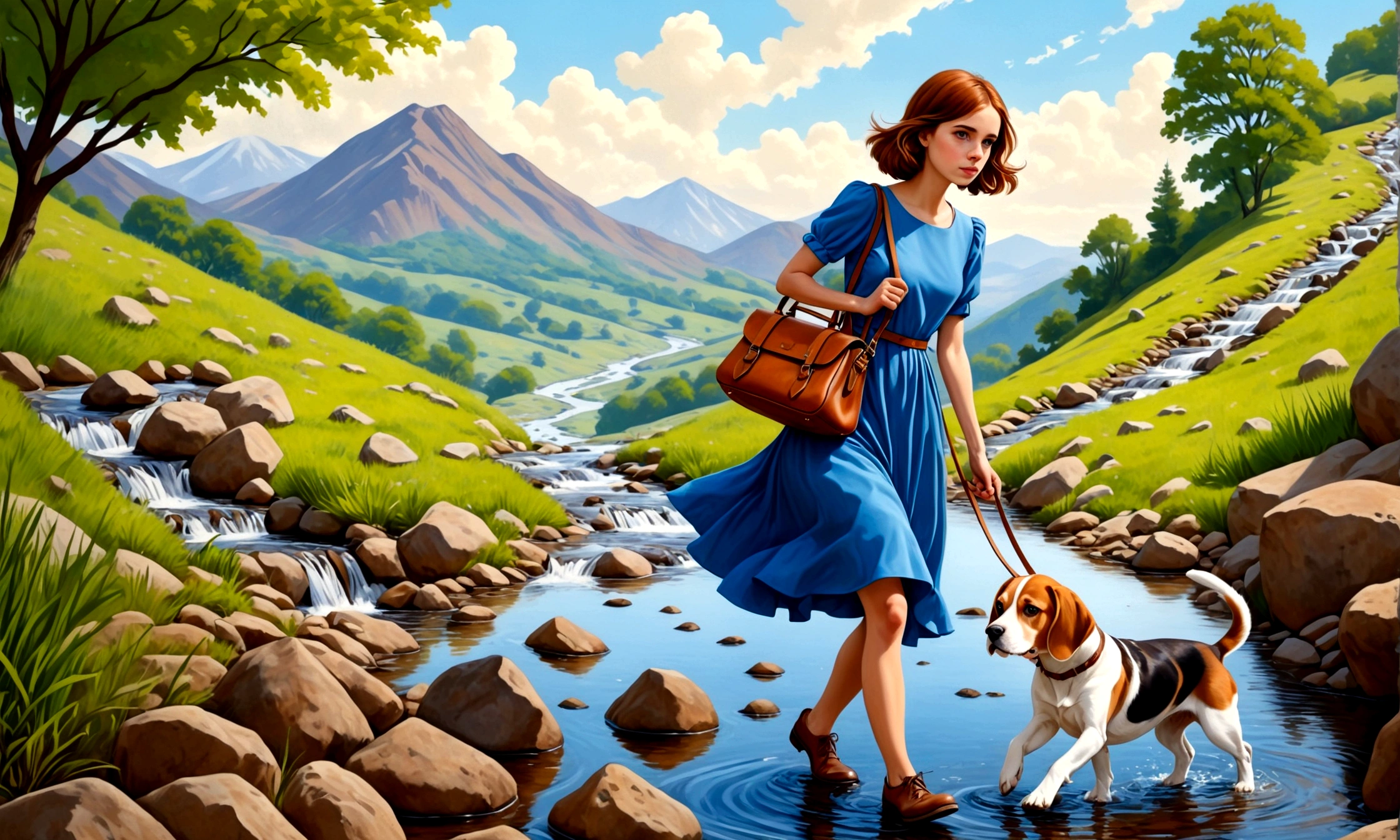 Draw a young woman with brown hair and a blue dress, crossing a stream and climbing a hill in one hand a leather bag. By his side a brown and white beagle.