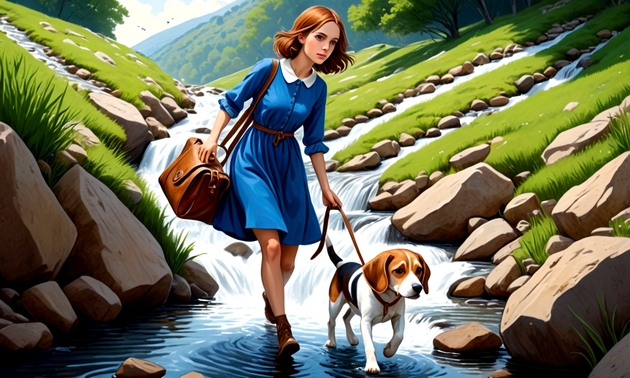 Draw a young woman with brown hair and a blue dress, crossing a stream and climbing a hill in one hand a leather bag. By his side a brown and white beagle.