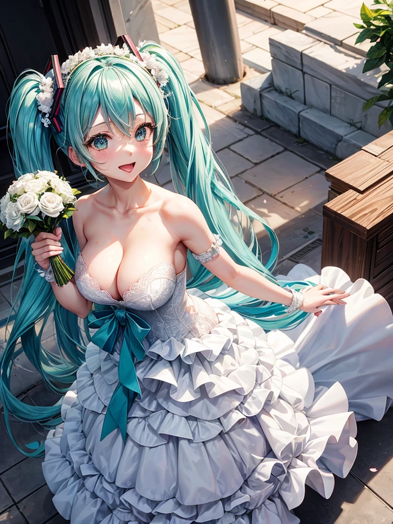 hatsune miku, very shame, very cute, wedding dress, holding a bouquet, showing the tongue, big tits