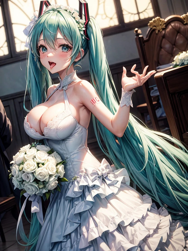 hatsune miku, very shame, very cute, wedding dress, holding a bouquet, showing the tongue, big tits