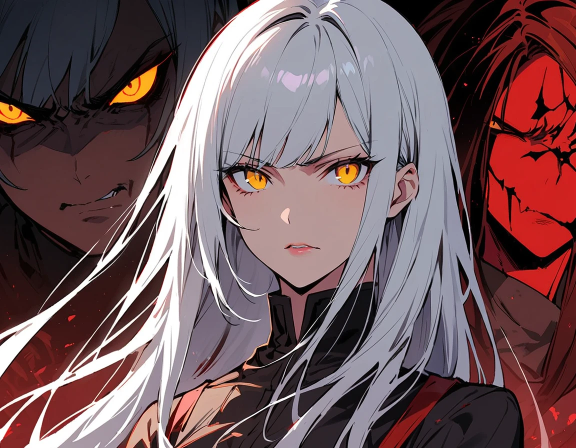 Long white hair, yellow eyes, evil, sexy, black and red clothes, cute hairstyle, evil face, evil, serious look, gloss lips, sinister, front look, bloody, gloves, (((half-body portrait))), beautiful eyes, short dress, big white, dark place, night, sensual, straight hair cut, clear skin, evil, young 30 years girl, adult girl, solo, red, very long hair, (((Older mature woman)))