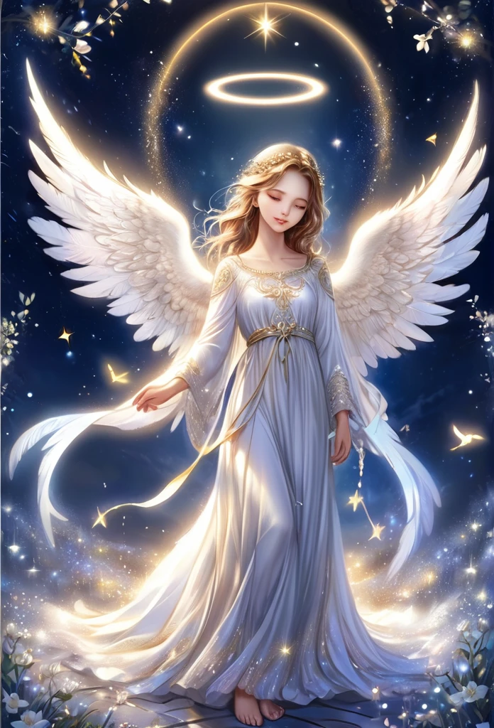 (abot 4 years)angel,((full body)) delicate angel wings,knelling,bright night,holdin a dove, Magic background(refined details),(art work),(high quality)