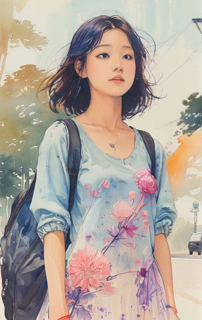 8K,​masterpiece,top-quality, (From below:1.6) ,Dynamic Pose,30 years old 1 girl, Holding a large bouquet,Portrait, Floral, watercolor sketch, light, Long hair, ssmile, watercolor paiting \(Medium\),watercolor paiting,Plain tank top,Plain light blue sweater,long  skirt、Sketch of transparent manga girl drawn with neon purple pink lines, sitting at bus stop, countryside scenery, summer day, blend of 3D photography and 2D line art, nostalgic atmosphere.