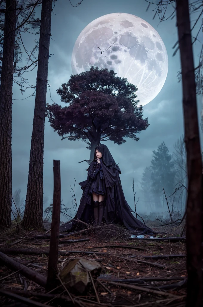 A demonic doll, dead trees, mauve and gold flowers, gloomy atmosphere, electric moon, (best quality,4k,8k,highres,masterpiece:1.2),ultra-detailed,(realistic,photorealistic,photo-realistic:1.37),HDR,UHD,studio lighting,ultra-fine painting,sharp focus,physically-based rendering,extreme detail description,professional,vivid colors,bokeh,horror,dark fantasy,dramatic lighting,moody colors,occult,surreal