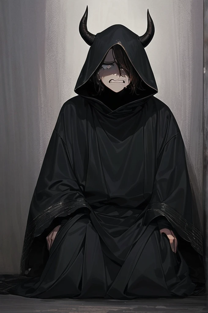 ((Лучшее качество)), ((шедевр)), (подробный), the guy is a demon, short brown-dark hair, demonic eyes, bright green eyes, shining eyes, tattoo under the eye, covers his eye with his hand, tears flow, hysterics, kneels looking up, tears, clenched his teeth, the background is a dark abyss, clothes are a long black robe with a hood, small black horns