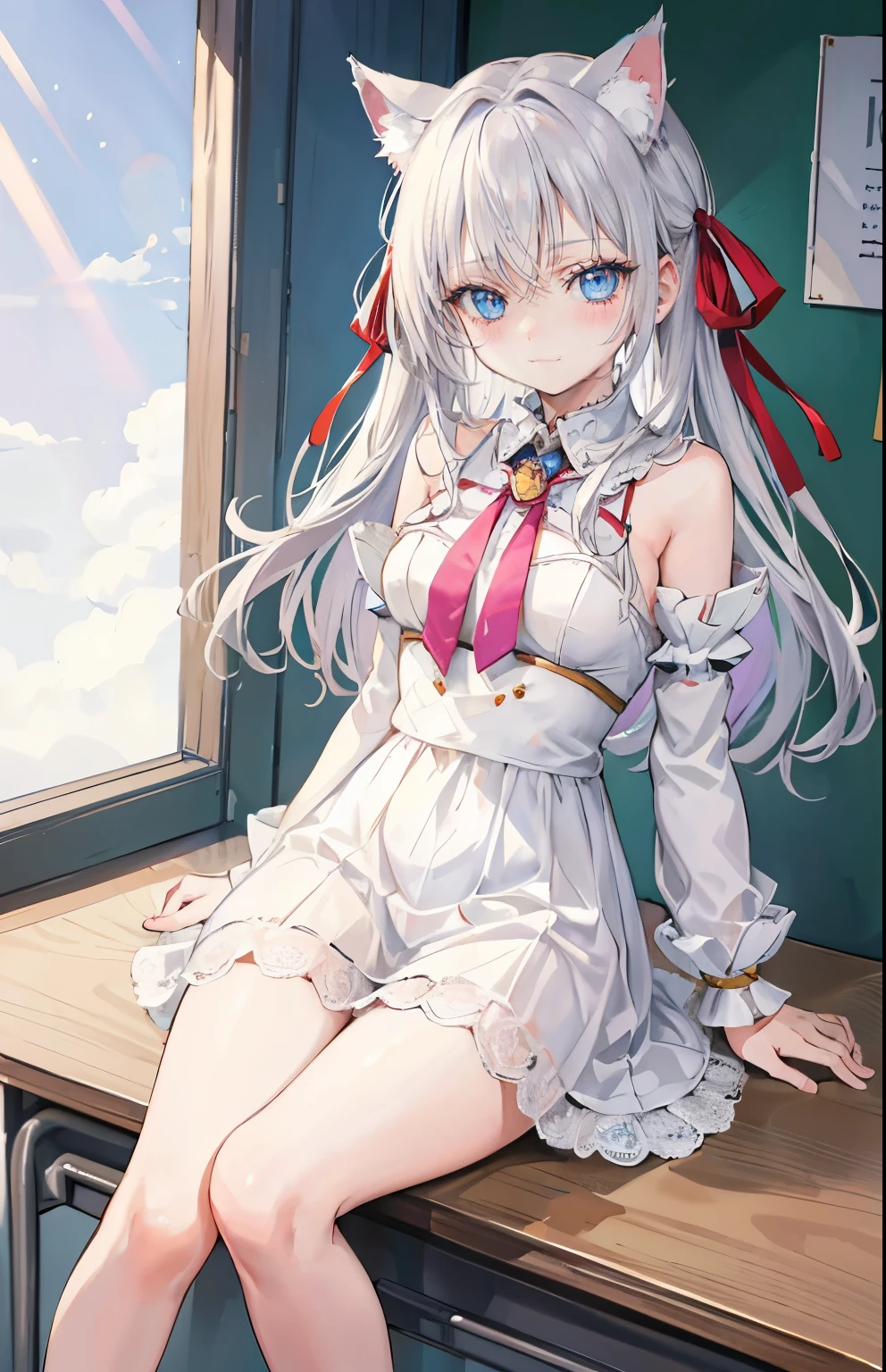 1girl,  alisa mikhailovna kujou,tokidoki bosotto roshia-go de dereru tonari no arya-san,solo, long hair, eyebrows visible through hair, hair between eyes, silver hair, hair ribbon, blue eyes,visible pupils, eyes reflexes, medium breasts, ((neko ears)), ((cat ears)) 
from behind, portrait, looking to the side, horny smile, closed mouth, lights and sunflare from the lateral rear window, 
best quality, very aesthetic, absurdres, scenery at school, extremely cute and sexy, sitted on a desk, spread legs, playing with her bare foot Bringing them closer to us