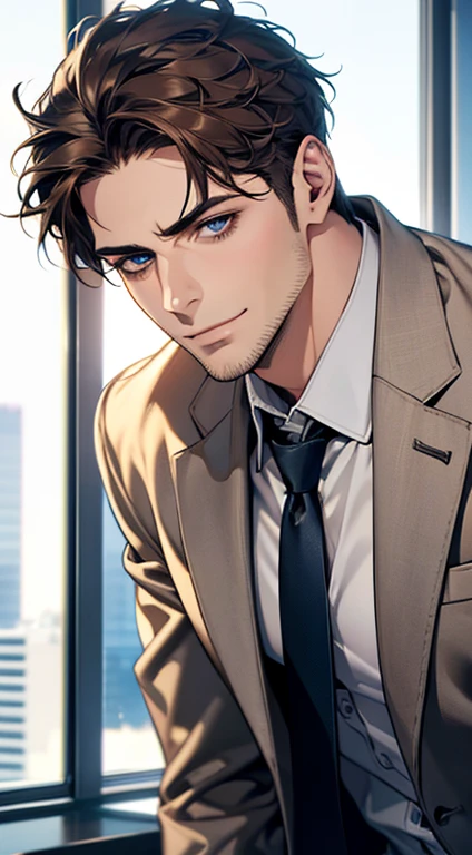 (best quality,4k,8k,highres,masterpiece:1.2),ultra-detailed,(realistic,photorealistic,photo-realistic:1.37),1 man,31 years old,mature man,very handsome,without expression,smile,short grey brown hair,blue eyes,penetrating gaze,perfect face without errors,imposing posture,businessman,office background,cinematic lighting,hdr image