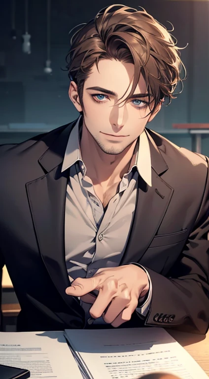 (best quality,4k,8k,highres,masterpiece:1.2),ultra-detailed,(realistic,photorealistic,photo-realistic:1.37),1 man,31 years old,mature man,very handsome,without expression,smile,short grey brown hair,blue eyes,penetrating gaze,perfect face without errors,imposing posture,businessman,office background,cinematic lighting,hdr image