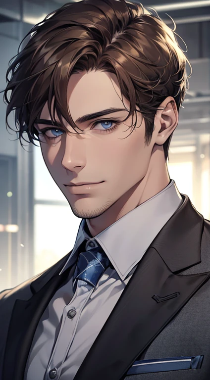 (best quality,4k,8k,highres,masterpiece:1.2),ultra-detailed,(realistic,photorealistic,photo-realistic:1.37),1 man,31 years old,mature man,very handsome,without expression,smile,short grey brown hair,blue eyes,penetrating gaze,perfect face without errors,imposing posture,businessman,office background,cinematic lighting,hdr image
