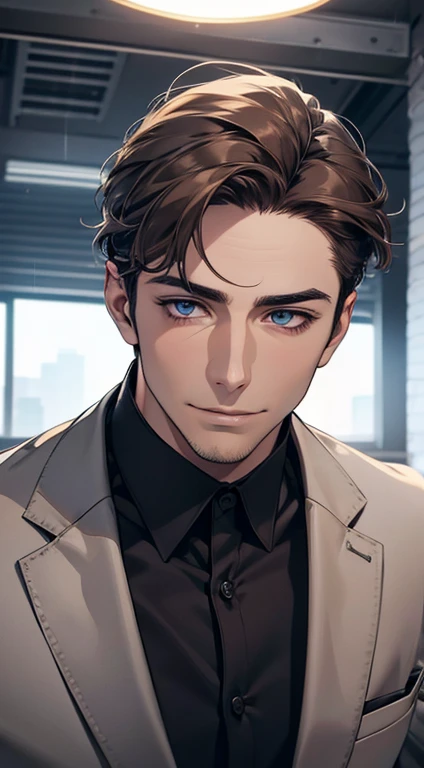 (best quality,4k,8k,highres,masterpiece:1.2),ultra-detailed,(realistic,photorealistic,photo-realistic:1.37),1 man,31 years old,mature man,very handsome,without expression,smile,short grey brown hair,blue eyes,penetrating gaze,perfect face without errors,imposing posture,businessman,office background,cinematic lighting,hdr image