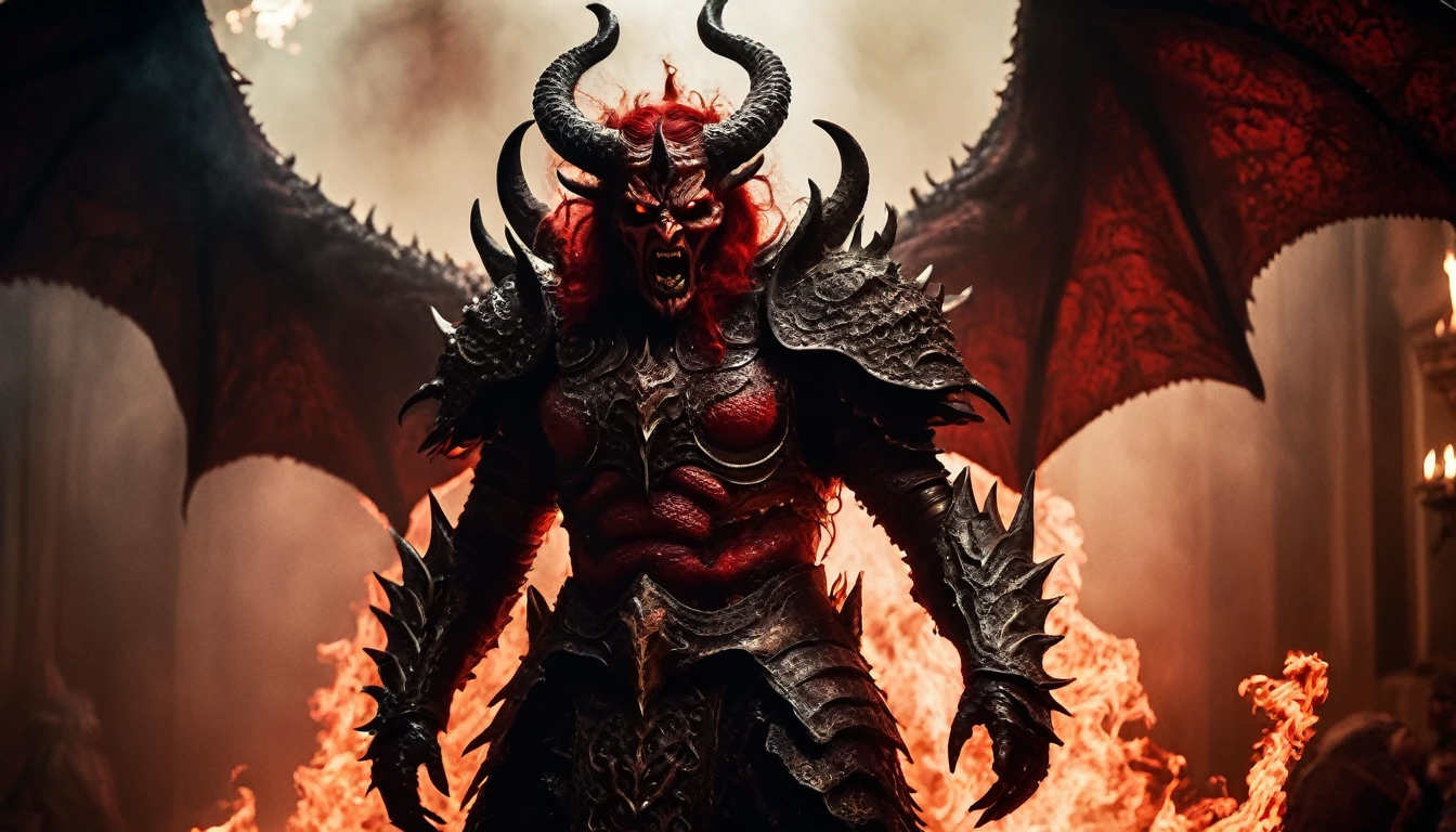 Horror-themed cinematic film still,a horrifying red-skinned male demon king, (full body portrait:1.3), (detailed monstrous evil face:1.4), screaming, wide spread bat like wings, (detailed scaly skin texture:1.2), long curved horns, (in hell, swirling tormented souls, billowing smoke:1.5), black spiky armor,, shallow depth of field, vignette, highly detailed, high budget, bokeh, cinemascope, moody, epic, gorgeous, film grain, grainy . Eerie, unsettling, dark, spooky, suspenseful, grim, highly detailed