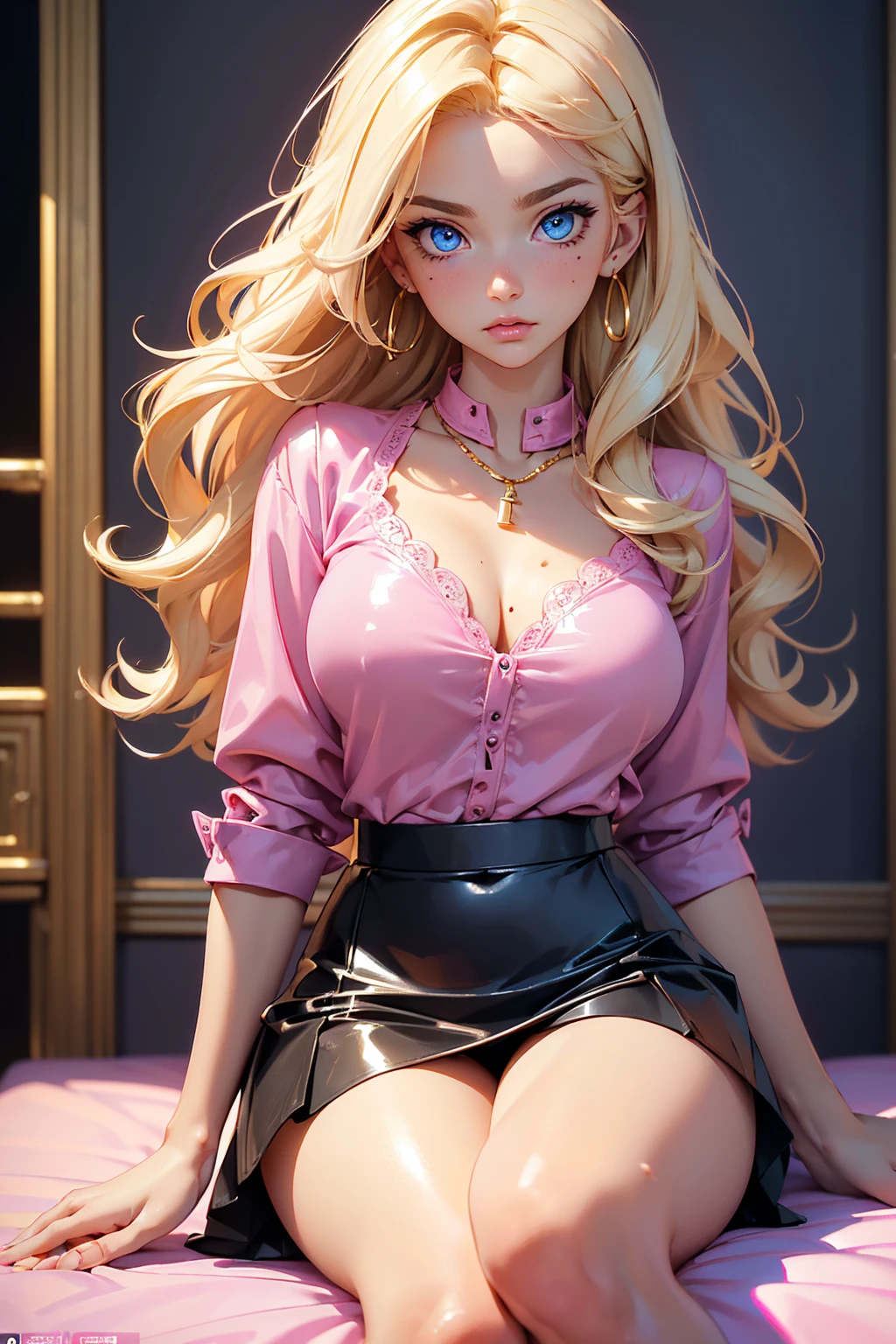 (Blonde stunning hair), (blue eyes), blue necklace, Golden earrings, Fit, Gorgeous Body, gorgeous, brown eyebrows, (two moles over lip), big pupils, (23 years old), 1girl,solo, complex skin, warm light, (large breasts), wide thighs, round butt, 5 fingers, ((blushing)), ((detailed face, best quality)), (masterpiece)), ((ultra-detailed)), (beautiful detailed eyes), ((wearing a kitty pink shirt and a short black latex skirt)), sitting on top of a pink bed, background is a pink bedroom, cleavage, ((masterpiece:1.6, full body)),
