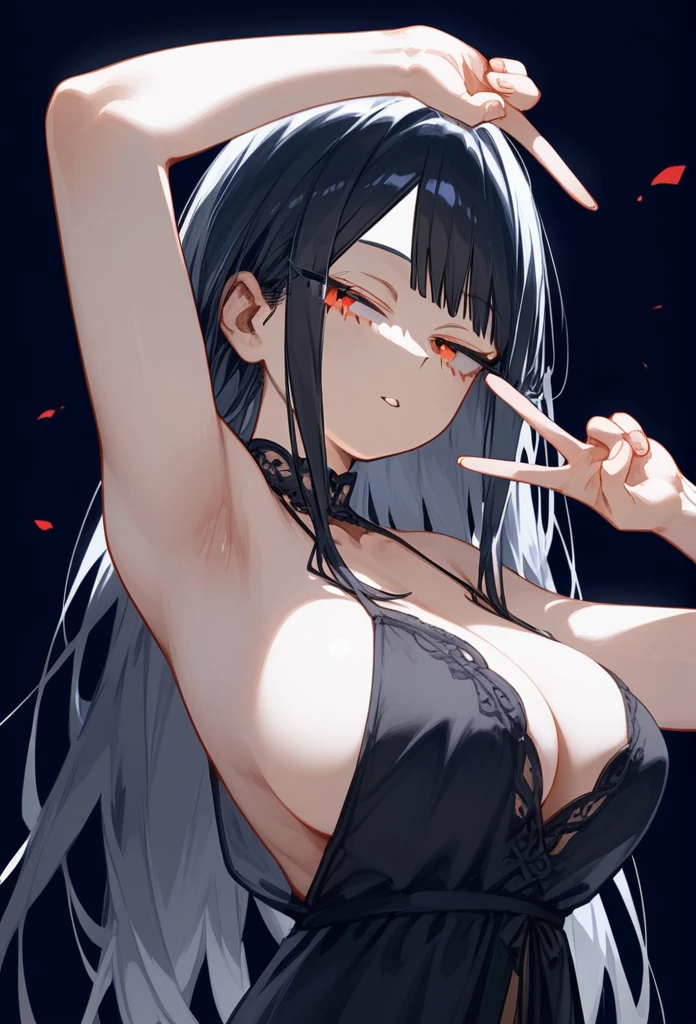 masterpiece, Score_9, Score_8_up, Score_7_up, rear view, 1 woman, alone, black hair, long Smooth hair, split bangs, red eyes, half-closed eyes, parted lips, expressionless, pale skin, large breasts, upper body, Black nightdress with V-neckline, black background, best quality, long and split bangs, boku no Hero academia, split bangs, No bangs
