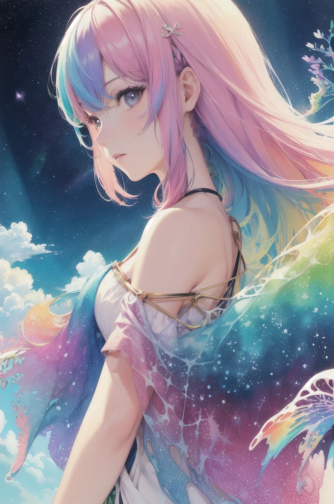 (masterpiece, top quality, best quality,watercolor (medium),official art, beautiful and aesthetic:1.2),(1girl:1.3), (fractal art:1.3),upper body, from side, looking at viewer,patterns,(rainbow color Hair,colorful hair,half blue and half pink hair:1.2),water,liquid, cloud,colorful, starry,stars,