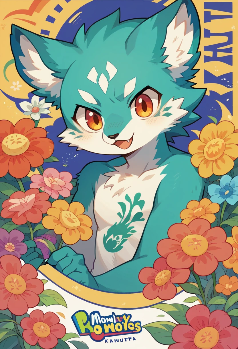 top quality, best quality, poster, rzminjourney, vector-art, High-quality illustrations by Alfons Mucha, masterpiece(kemono, furry anthro)logo mark, round, colorful ink splash flower,