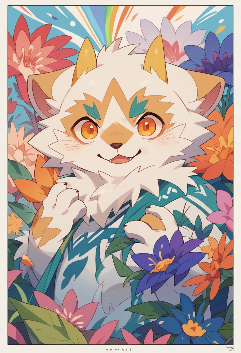 top quality, best quality, poster, rzminjourney, vector-art, High-quality illustrations by Alfons Mucha, masterpiece(kemono, furry anthro)logo mark, round, colorful ink splash flower,