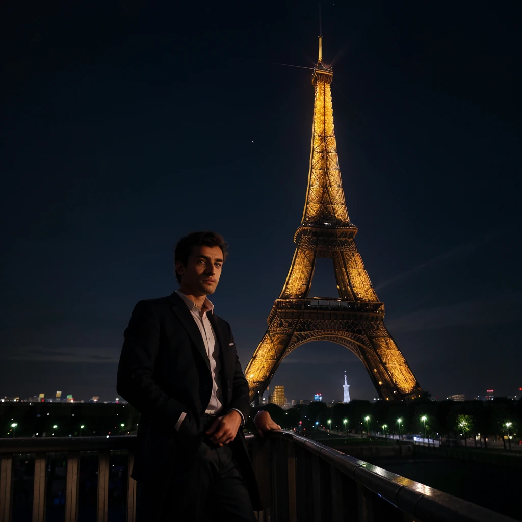 A man near the Eiffel Tower at night 
