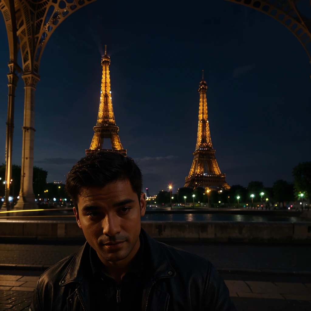 A man near the Eiffel Tower at night