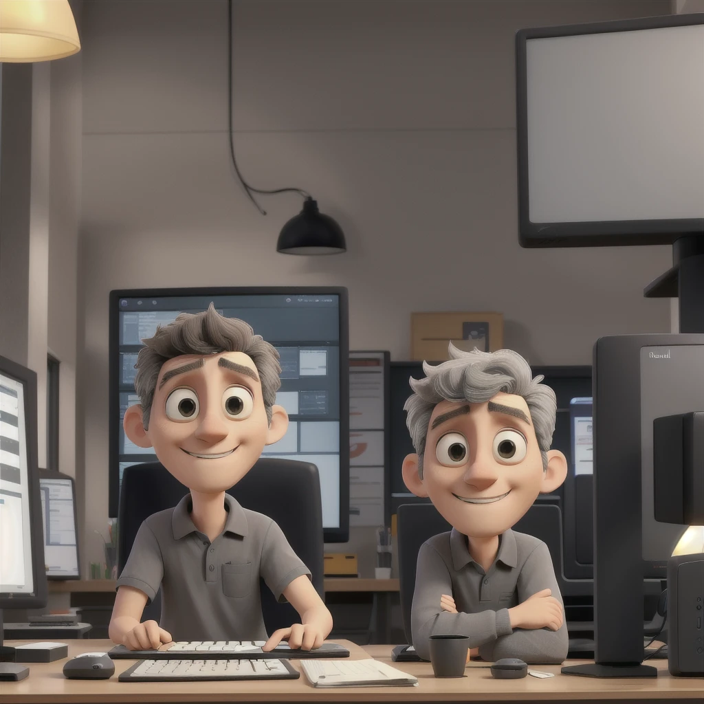 A very retarded man in a gray polo shirt and black pants, disheveled hair, cross eyed, at a red counter with a computer monitor on it