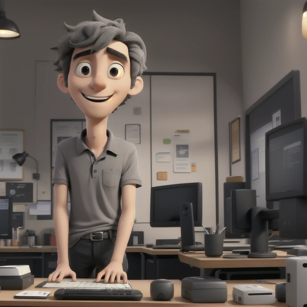 A very retarded man in a gray polo shirt and black pants, disheveled hair, cross eyed, at a red counter with a computer monitor on it
